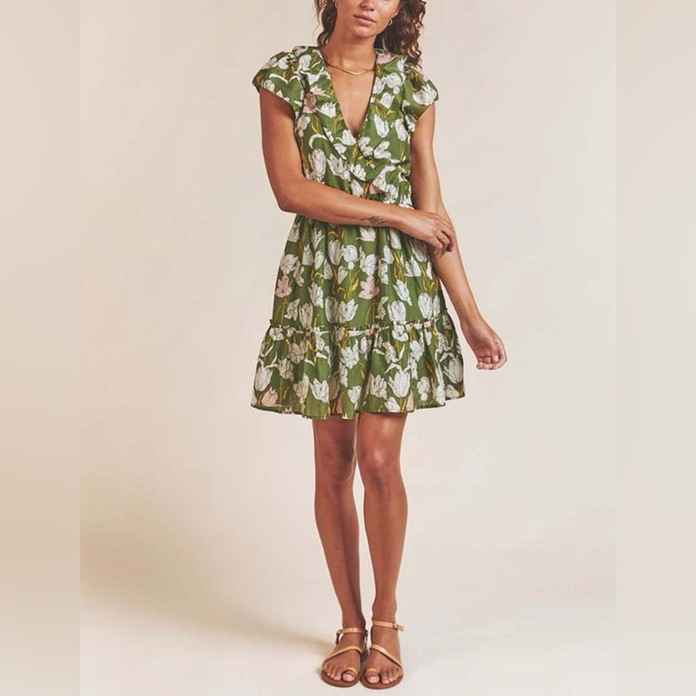 Trovata Marcella Mini Dress Olive Floral Cotton Silk Ruffle Hem Sz M
